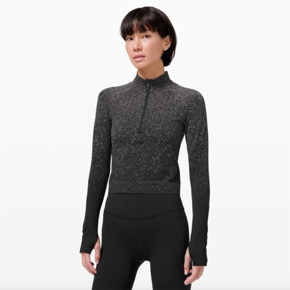 Lululemon - Rest Less Cropped 1/2 Zip - Herringbone Fade Black / White Size 8